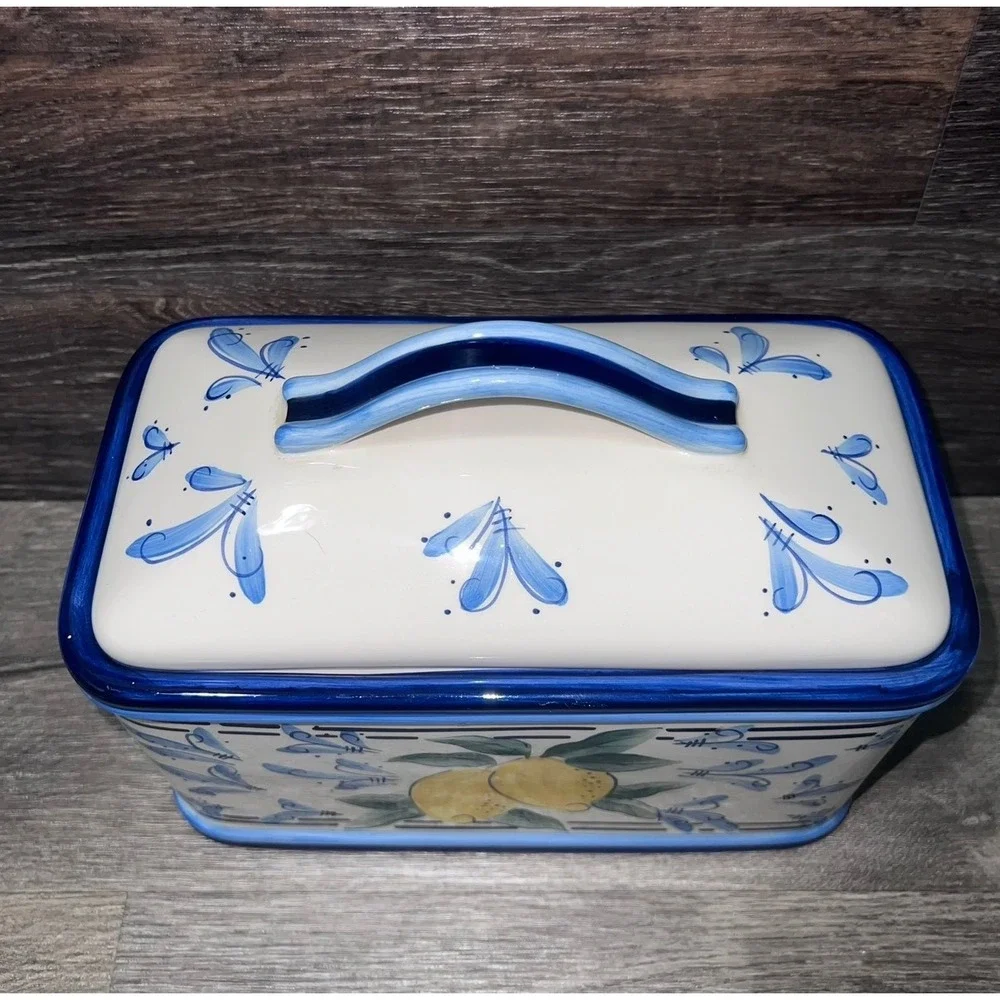 Vtg Stonelite Inspirado Blue White Lemon Design Bread/Biscotti Box Seattle USA